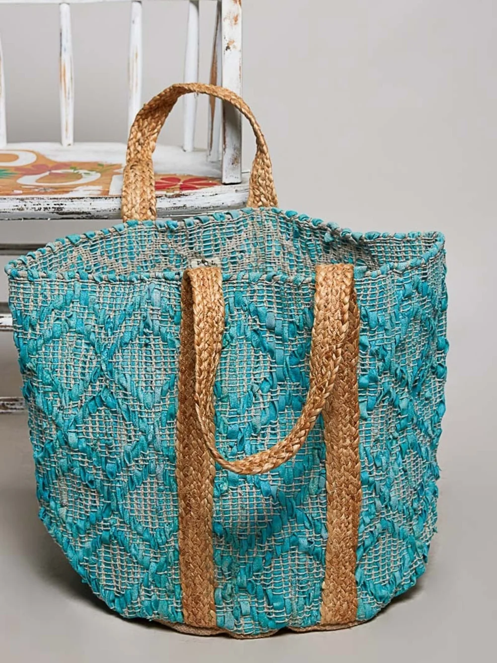 🐠POL Handwoven Turquoise Spacious Tote Bag with Natural Trim